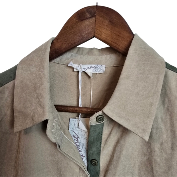 🔴 Mystree Womens Sude Button Shirt Button Design Arms Military Tan Small - Picture 3 of 11